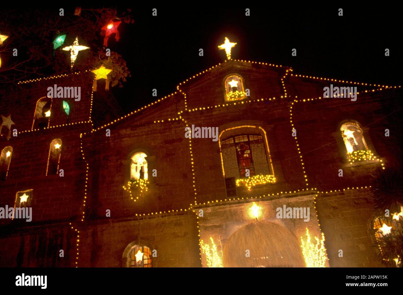 The Bamboo Organ church is decorated with Christmas lanterns for the nine-days dawn masses  which ends on the 24th of December. Stock Photo