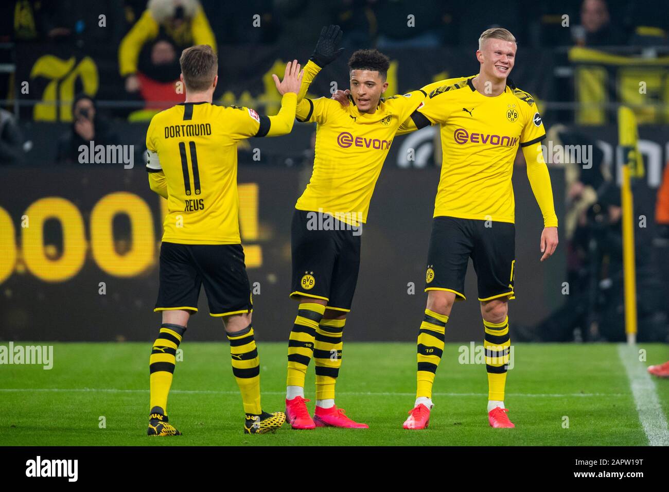 Dortmund Germany 24th Jan 2020 Football Bundesliga 19th Matchday Borussia Dortmund 1 Fc Cologne 19th Matchday At Signal Iduna Park From Left Dortmund S Marco Reus Dortmund S Jadon Sancho And Dortmund S Erling Bride Haaland