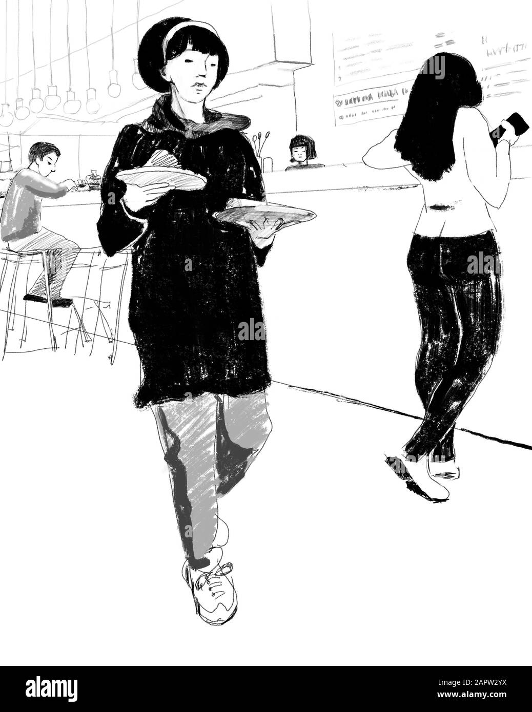 Cafe or street food black and white sketch the waiter brings the order, the visitors stand and sit at the bar Stock Photo