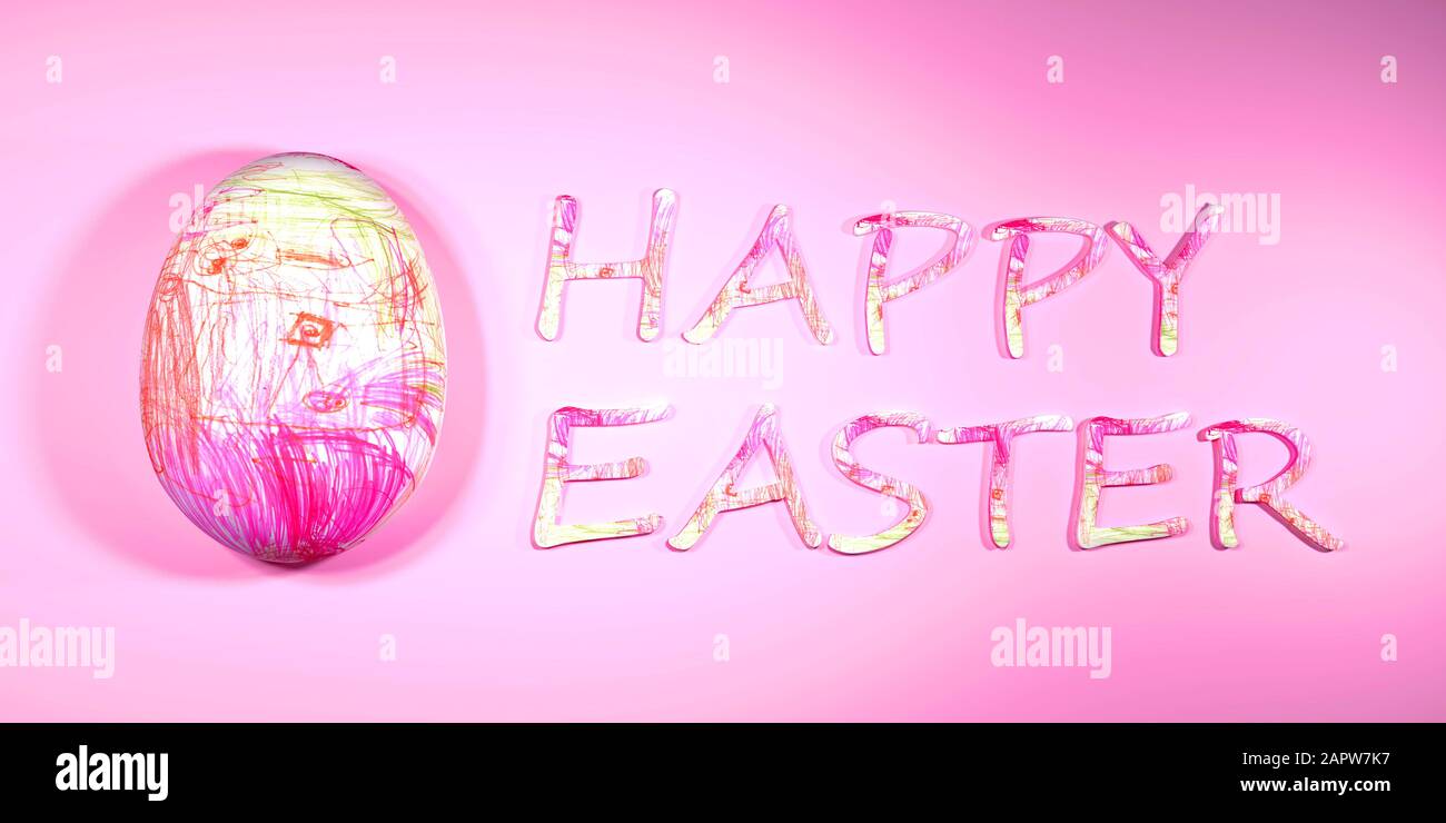 Happy Easter with egg painted by kindergarten child. Pink background and pink letters. 3d render illustration for greeting cards an Stock Photo