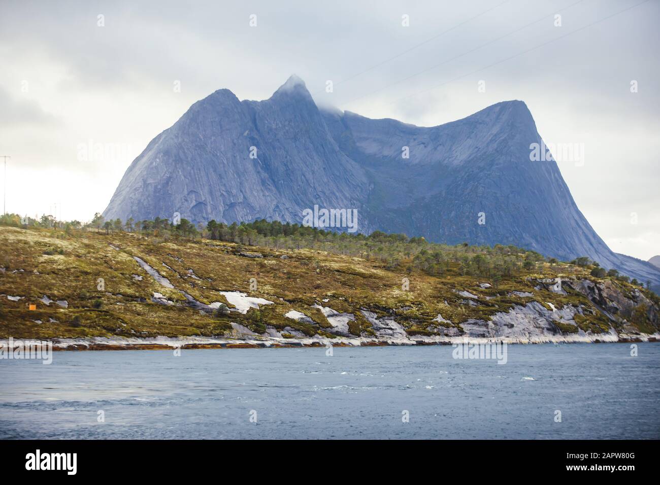 Classic Norwegian cold panoramic landscape of Efjorden fjord, Ballangen municipality, Nordland county, Ofoten district, Norway with Efjord Bridges, St Stock Photo