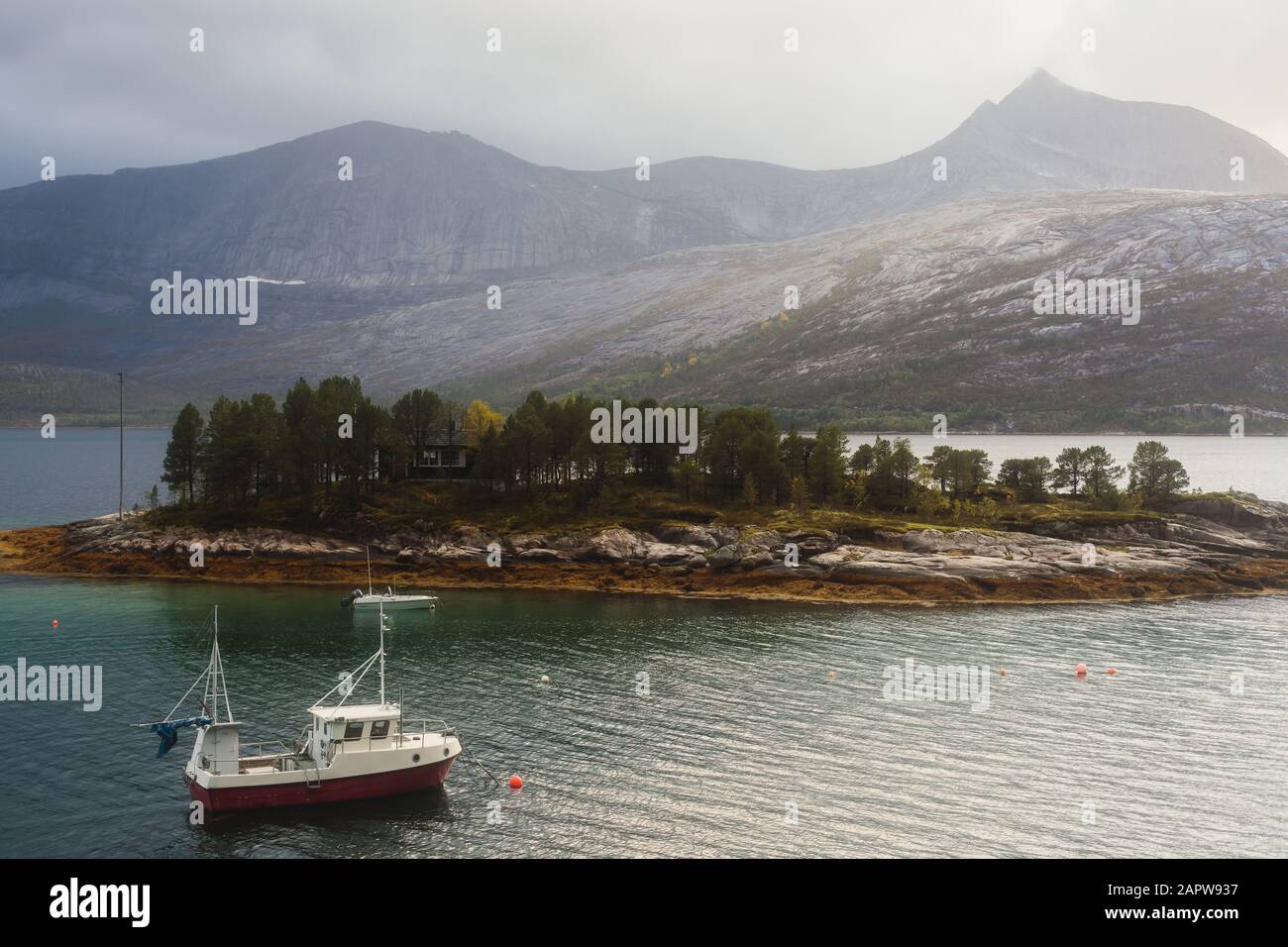 Classic Norwegian cold panoramic landscape of Efjorden fjord, Ballangen municipality, Nordland county, Ofoten district, Norway with Efjord Bridges, St Stock Photo