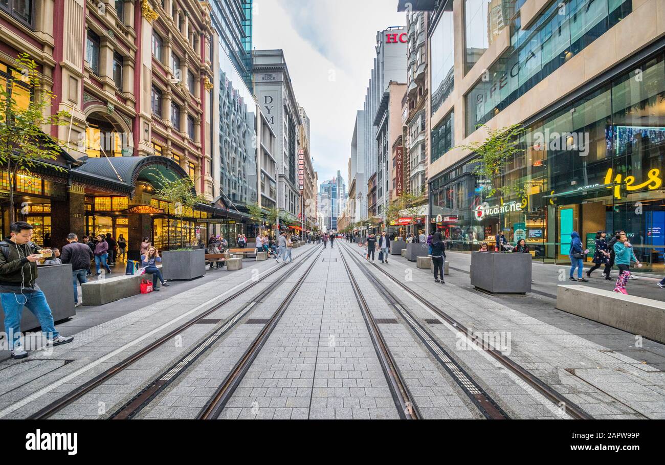 George Street pedestrian zone with tracks of the new light rail network, Sydney CBD, New South Wales, Australia Stock Photo