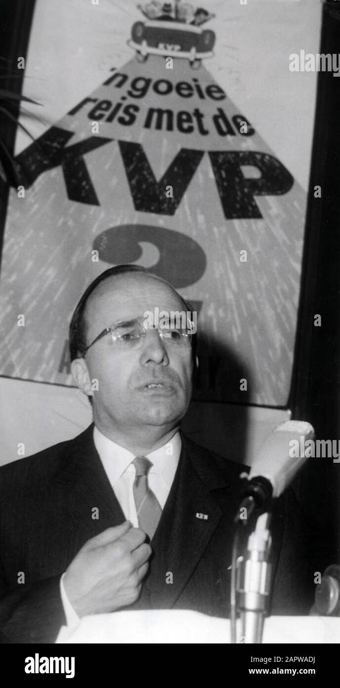K.V.P.-Election Meeting in Krasnapolsky in Amsterdam, Netherlands, 21 March 1966. Photo: Prime Minister Mr. Cals speaking as principal speaker; Stock Photo