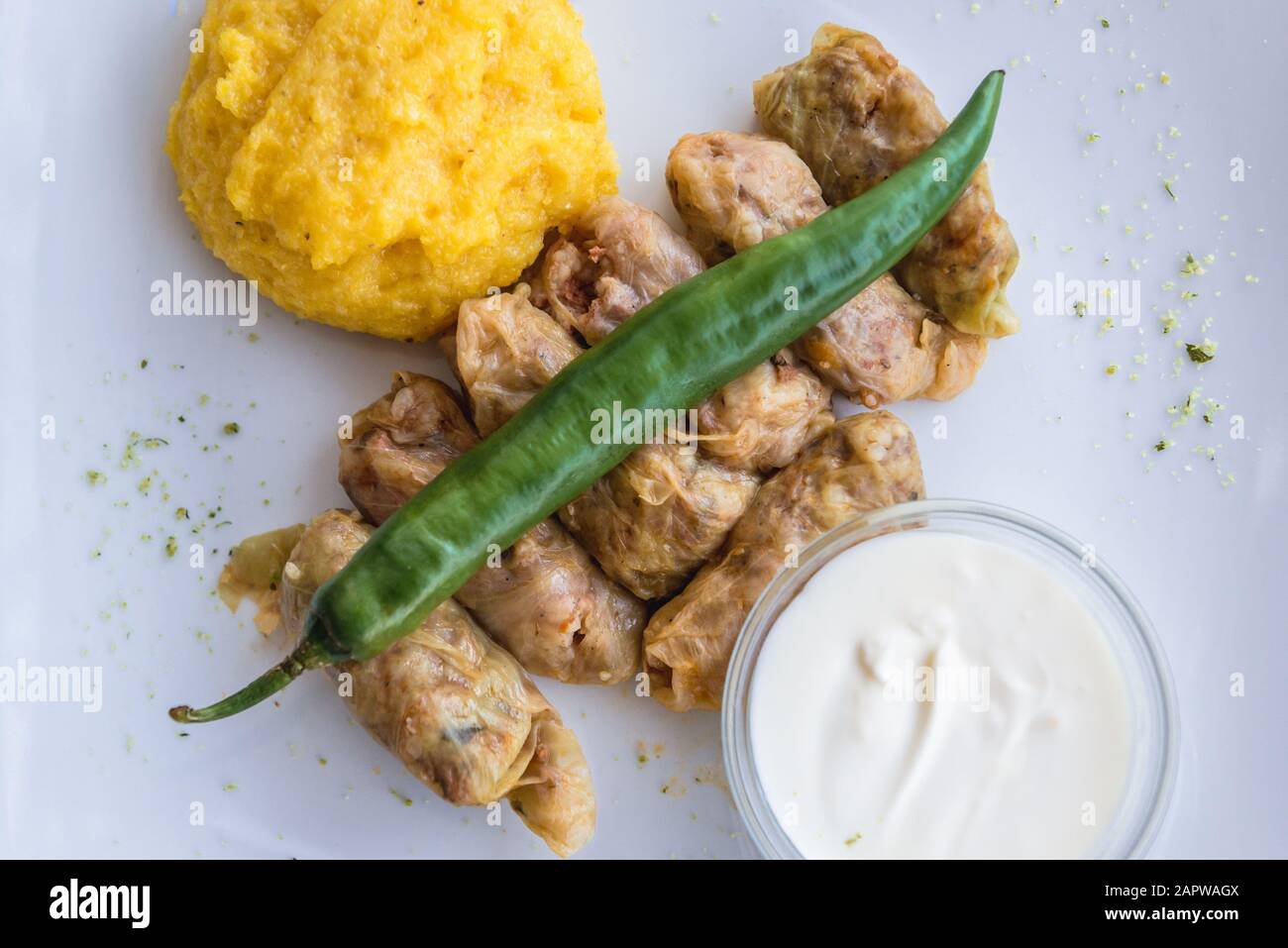 Dish served in Romanian restaurant - cabbage rolls with mamaliga Stock Photo