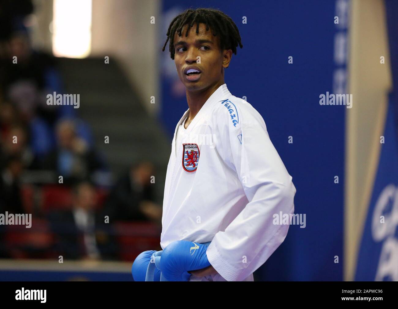 Paris, France . 24th Jan, 2020. Jordan Neves for Luxembourg in the Round of  64 fight of the Men's Kumite -67kg at the WKF Premier League in Paris  (Photo Credit: Mickael Chavet/Alamy