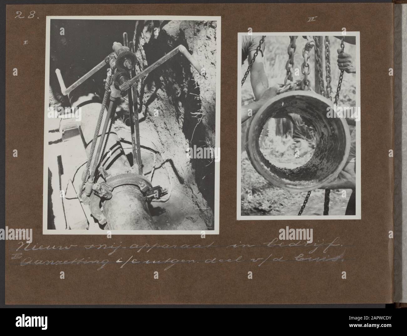Photo album Deli Maatschappij: Water pipe Maatschappij Ajer Beresih, Sumatra 1952-1953  Left: New cutting machine cuts part of the tube. Right: The incitement to the inside of the loose part of the tube. Annotation: I. New cutting machine in operation; II. Incitation in an removed part of the pipe. Under the caption is white dot K.M. 2. Water pipeline Maatschappij Ajer Beresih N.V. was a subsidiary of the Deli Maatschappij Date: 31 May 1954 Location: Indonesia, Lau Bengklewang, Sumatra Keywords: irrigation, water supply companies, water purification Stock Photo