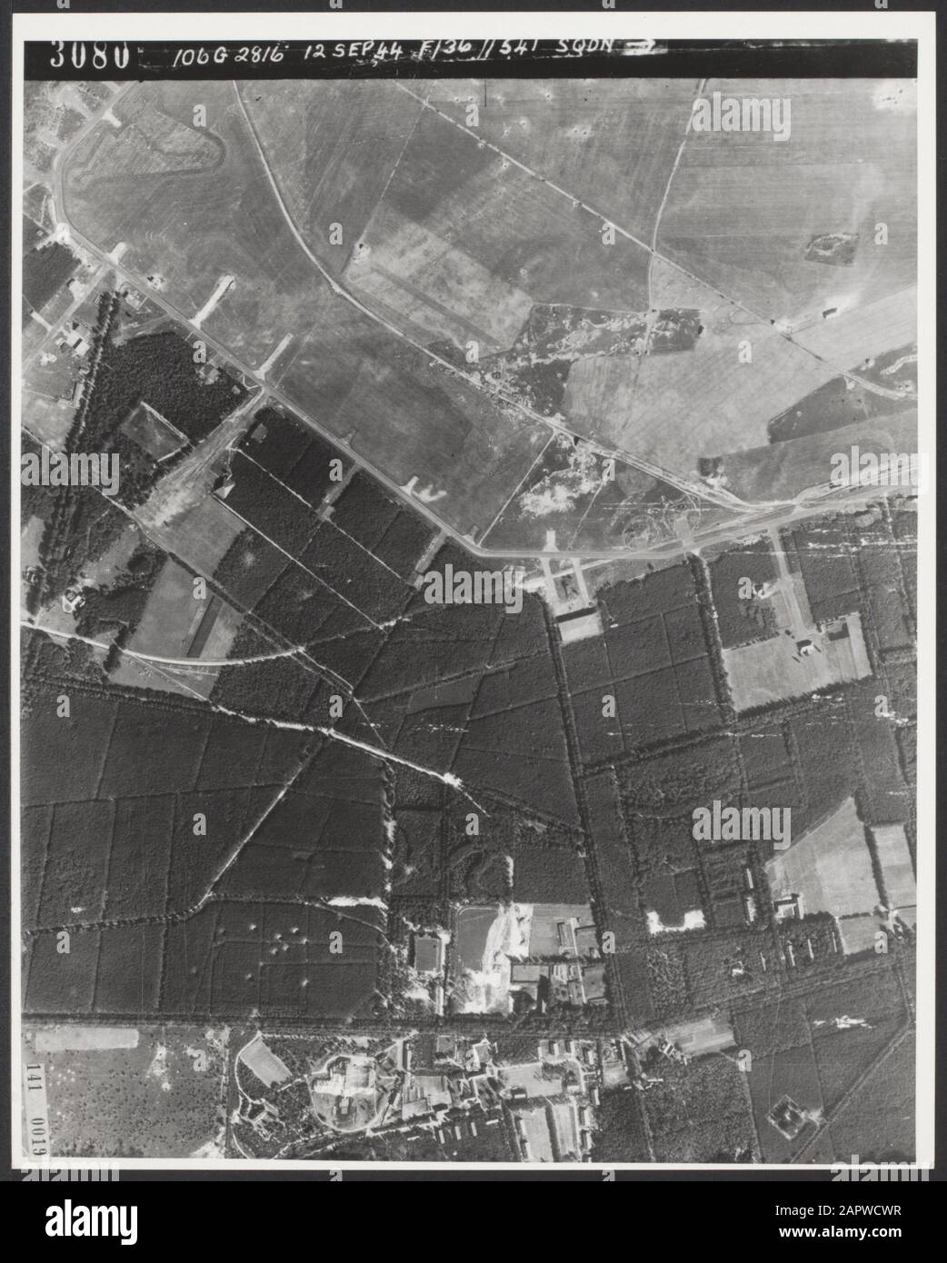 Air recording [Operation Market Garden] [Battle of Arnhem]. In the vicinity of Arnhem (Schaarsbergen) the Germans built a large bunker. From here, the command post Diogenes arranges the entire German air defense of northern Europe; Stock Photo