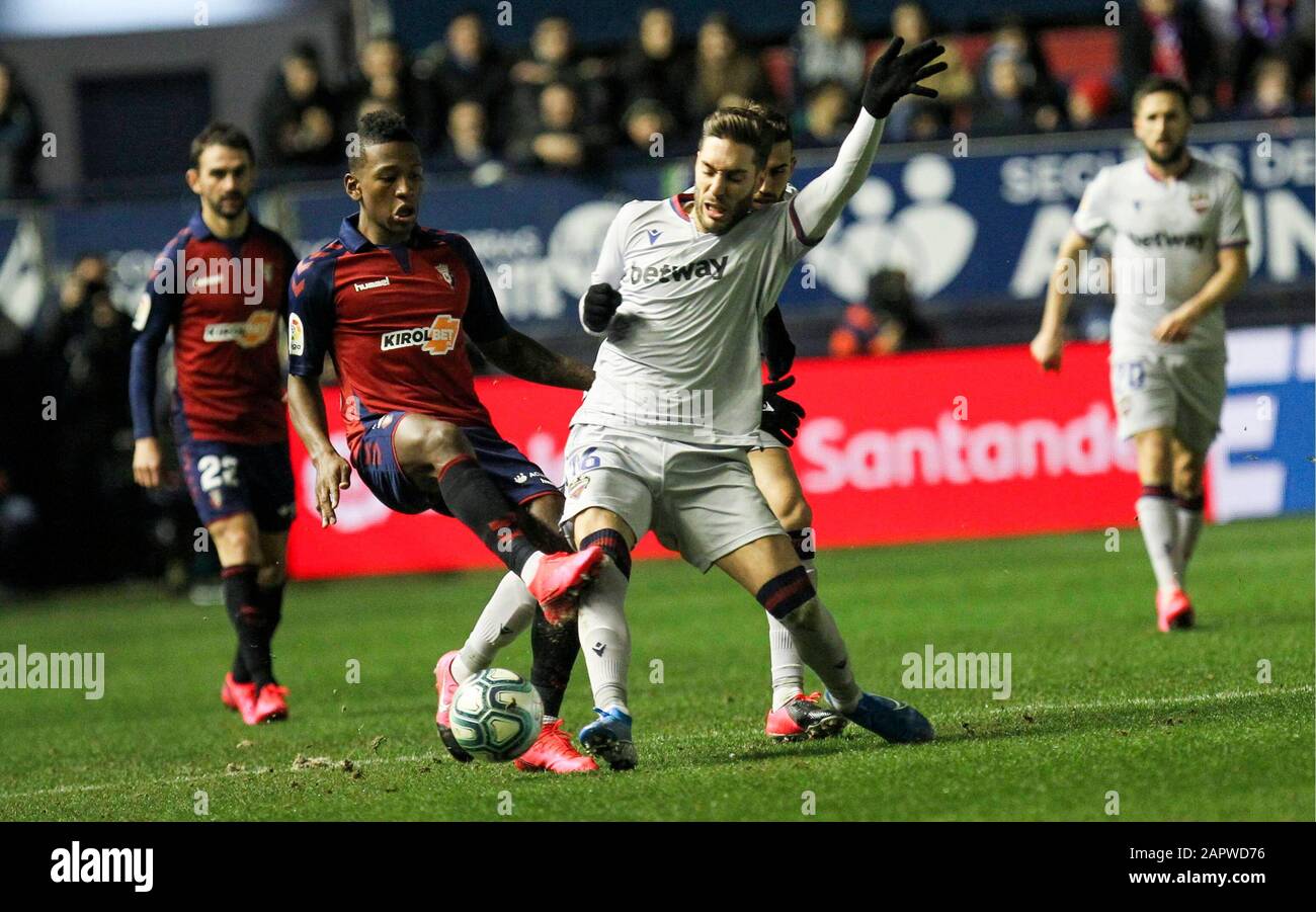 Pamplona, Spain. 24th Jan, 2020. Campeonato de Liga de Primera Division.  Liga Santander. Osasuna-Levante. Partido disputado en el Estadio El Sadar  de Pamplona entre Osasuna y Levante y que ha finalizado con