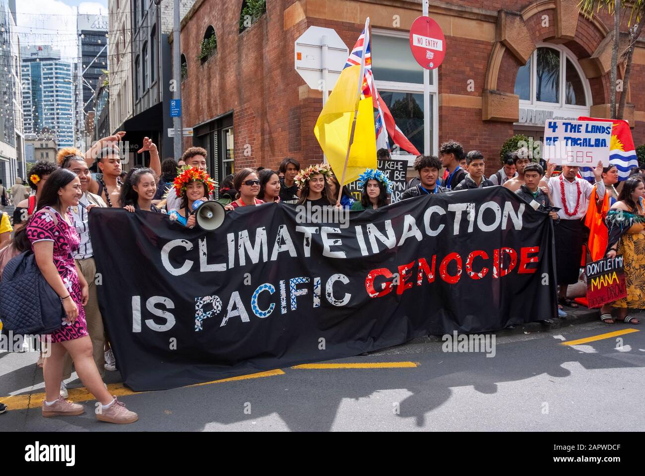 Pacific young people protest that climate change inaction is Pacific genocide. Auckland, New Zealand Stock Photo