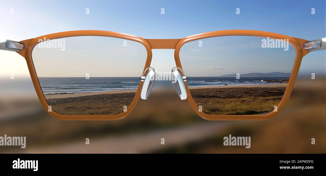 Sharp vision through corrective glasses, illustration Stock Photo