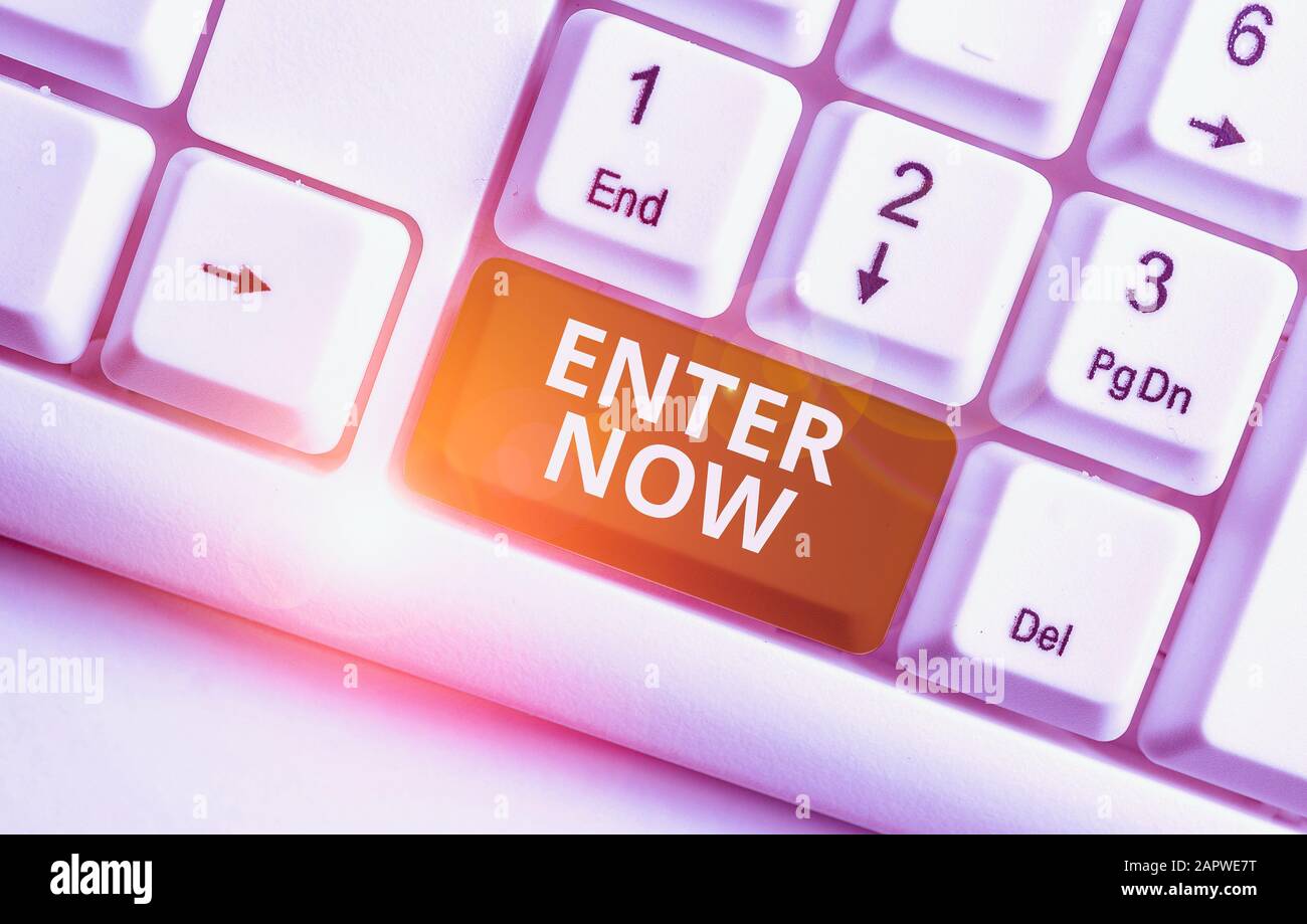 Writing note showing Enter Now. Business concept for come or go into a ...