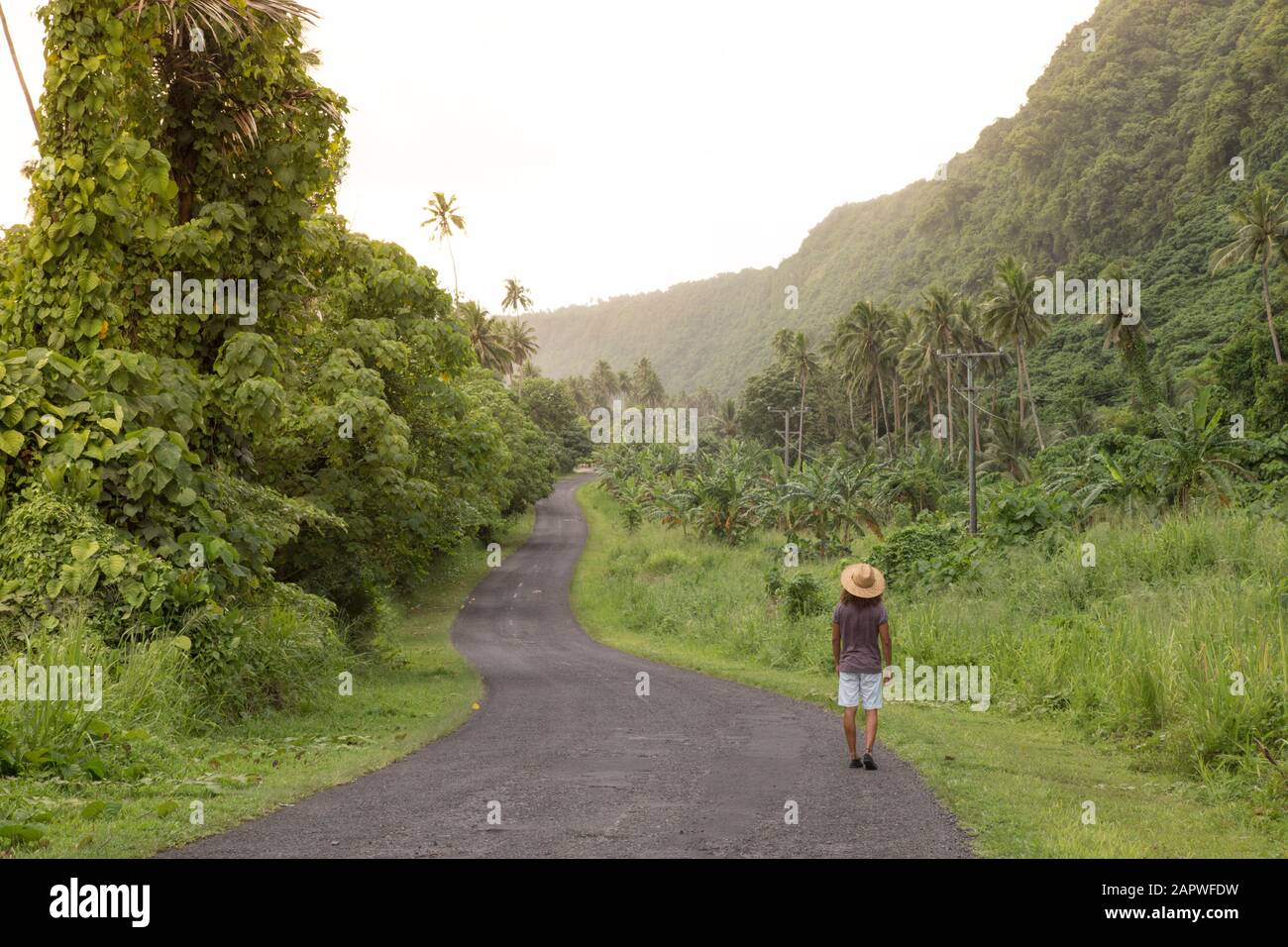 Man with sun hat and curly hair walking on empty road in tropical area Stock Photo