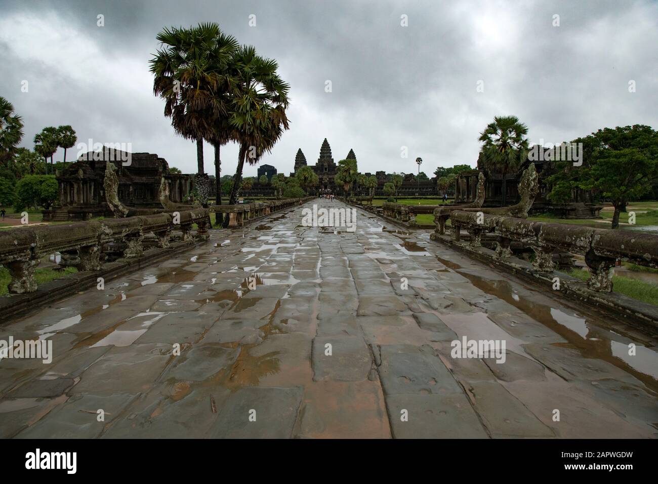 No visitors at Angkor Wat complex during a rainy morning Stock Photo