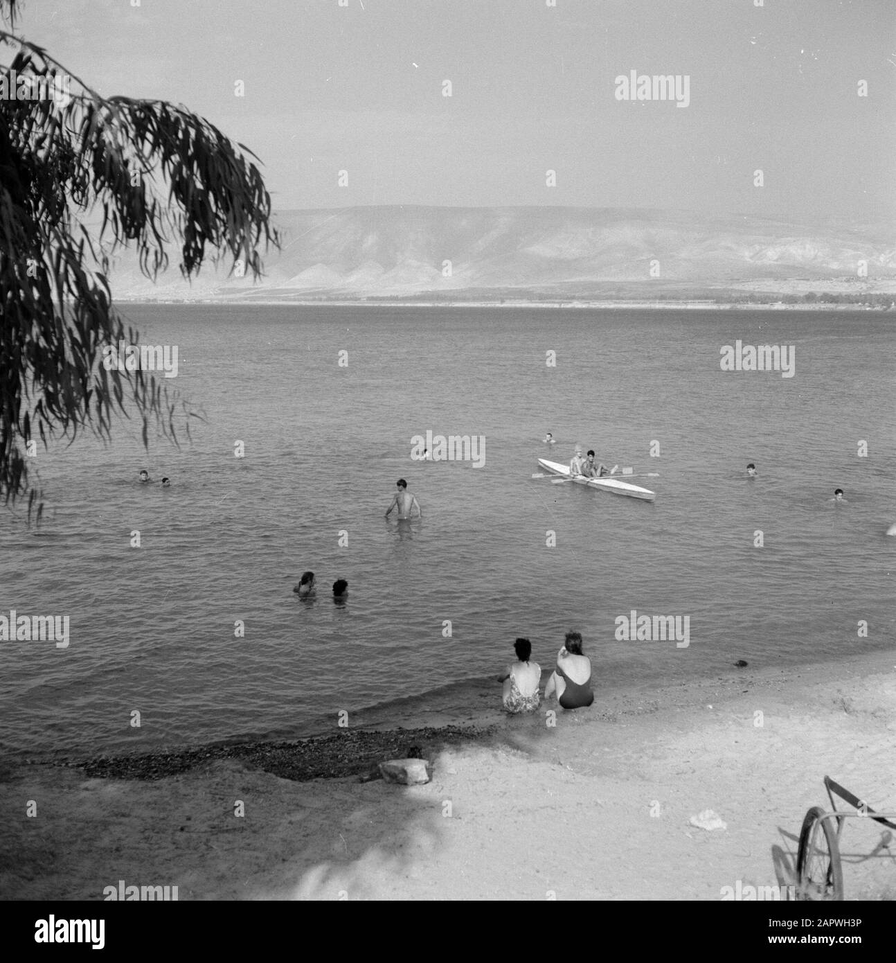 Lake Tiberias at the mouth of the Jordan River with recreators on the bank, swimmers and two persons in a canoe Date: January 1, 1964 Location: Israel, Jordan (Israel River), Lake Tiberias Keywords: hills, canoes, landscapes, lakes, banks, rivers, leisure, swimming Stock Photo