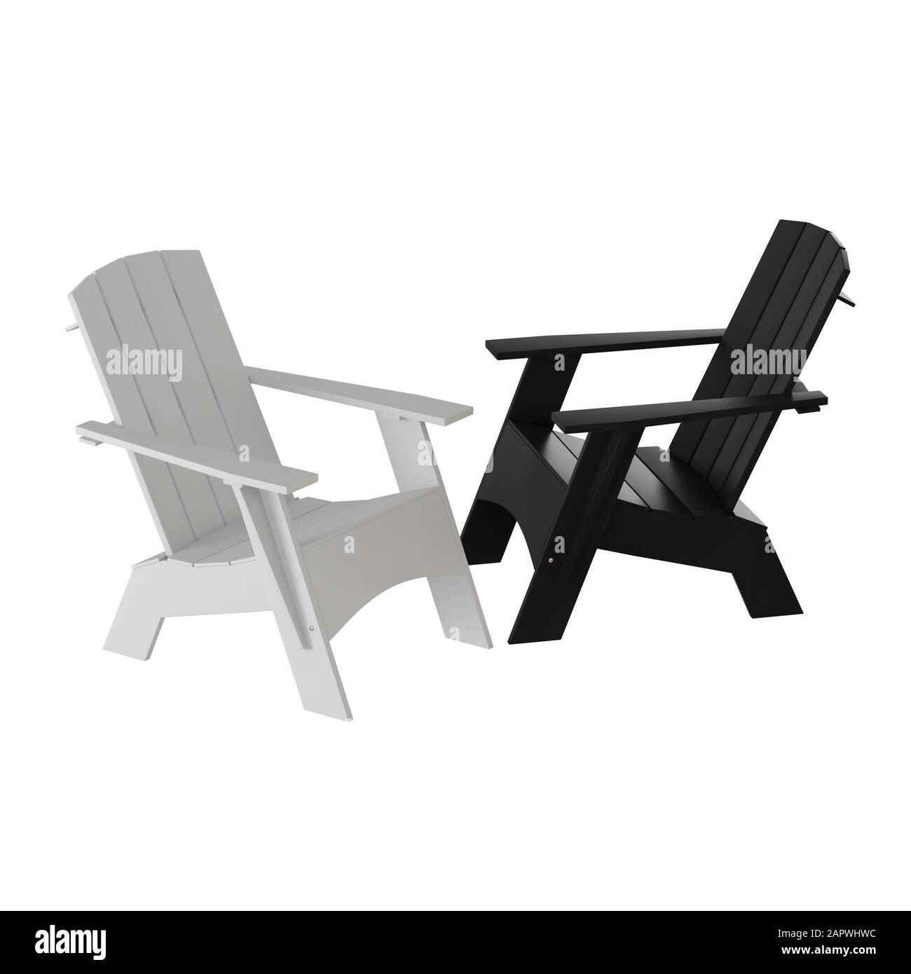 Two white and black garden wooden chairs on a white background 3d
