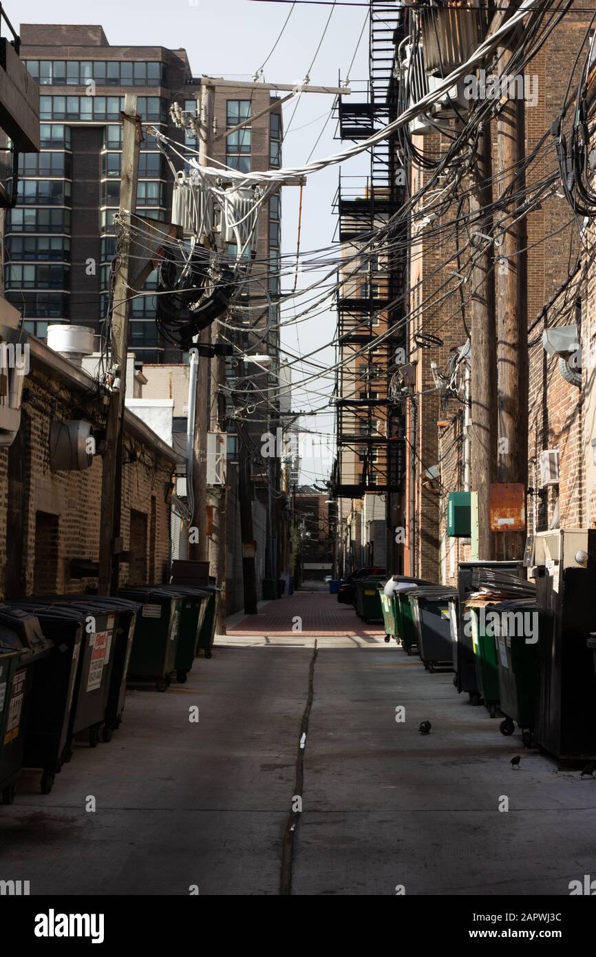 Vertical shot of a narrow route between buildings surrounded with waste ...