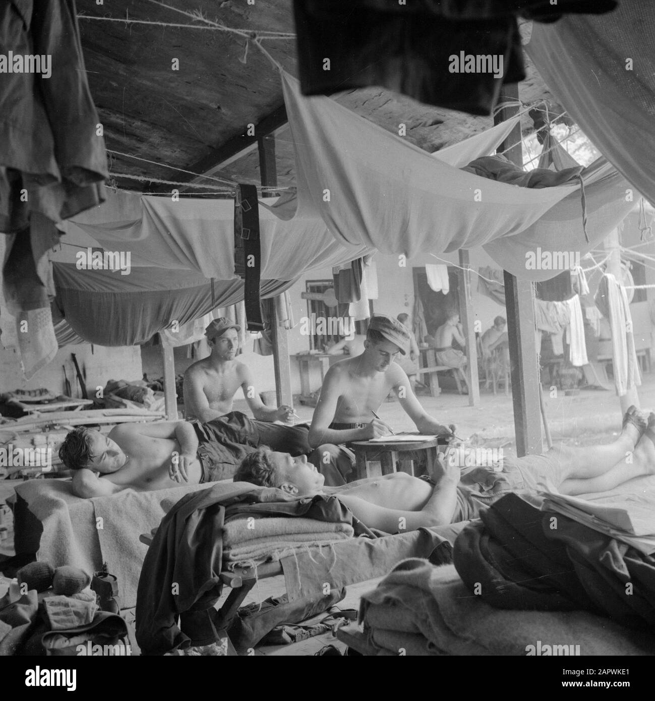 War volunteers in Malacca and Indonesia  Military stay Date: March 1946 Location: Indonesia, Indonesia, Java, Dutch East Indies Keywords: beds, military Stock Photo