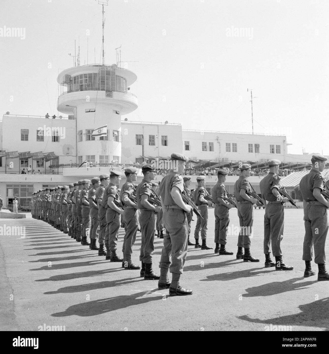 Israel: Lydda Airport (Lod)  Military honor hedge at the foot of the control tower Date: undated Location: Israel, Lod Airport, Lydda Airport Keywords: aviation, military, control towers, airports, firearms Stock Photo