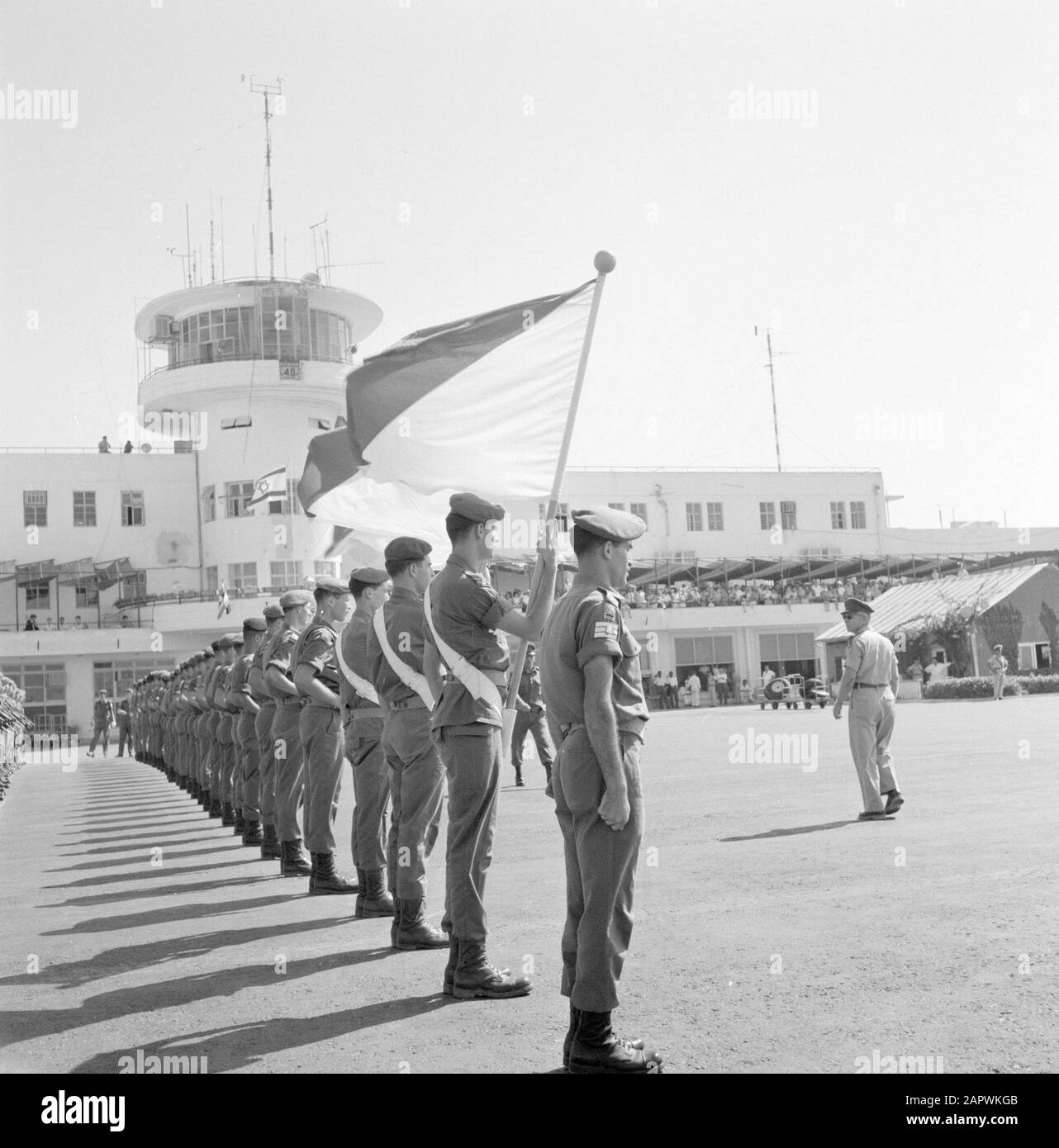 Israel: Lydda Airport (Lod)  Military honor hedge at the foot of the control tower Date: undated Location: Israel, Lod Airport, Lydda Airport Keywords: aviation, military, control towers, flags, airports Stock Photo