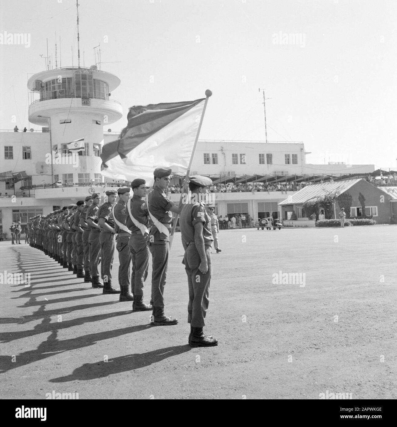 Israel: Lydda Airport (Lod)  Military honor hedge at the foot of the control tower Date: undated Location: Israel, Lod Airport, Lydda Airport Keywords: aviation, military, control towers, flags, airports Stock Photo