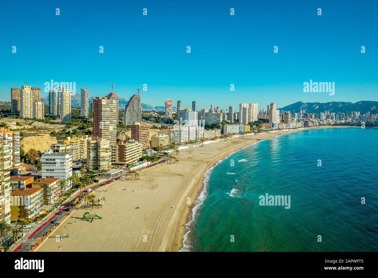 Aerial view of the popular Spanish Mediterranean beach resort town Benidorm with high rise complexes Stock Photo