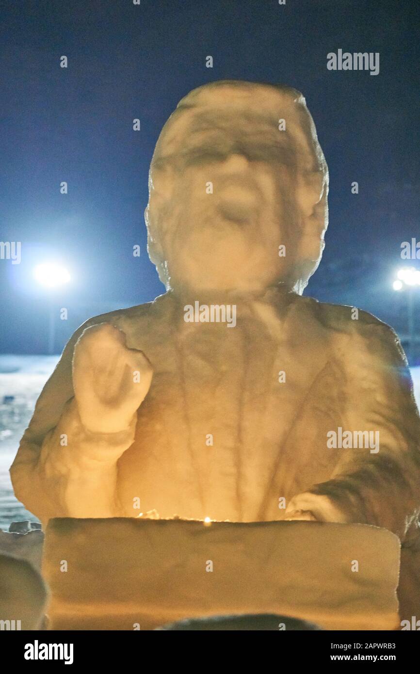 Snow sculpture of President Donald Trump during a snow festival in Yuzawa, Niigata, Japan. Stock Photo
