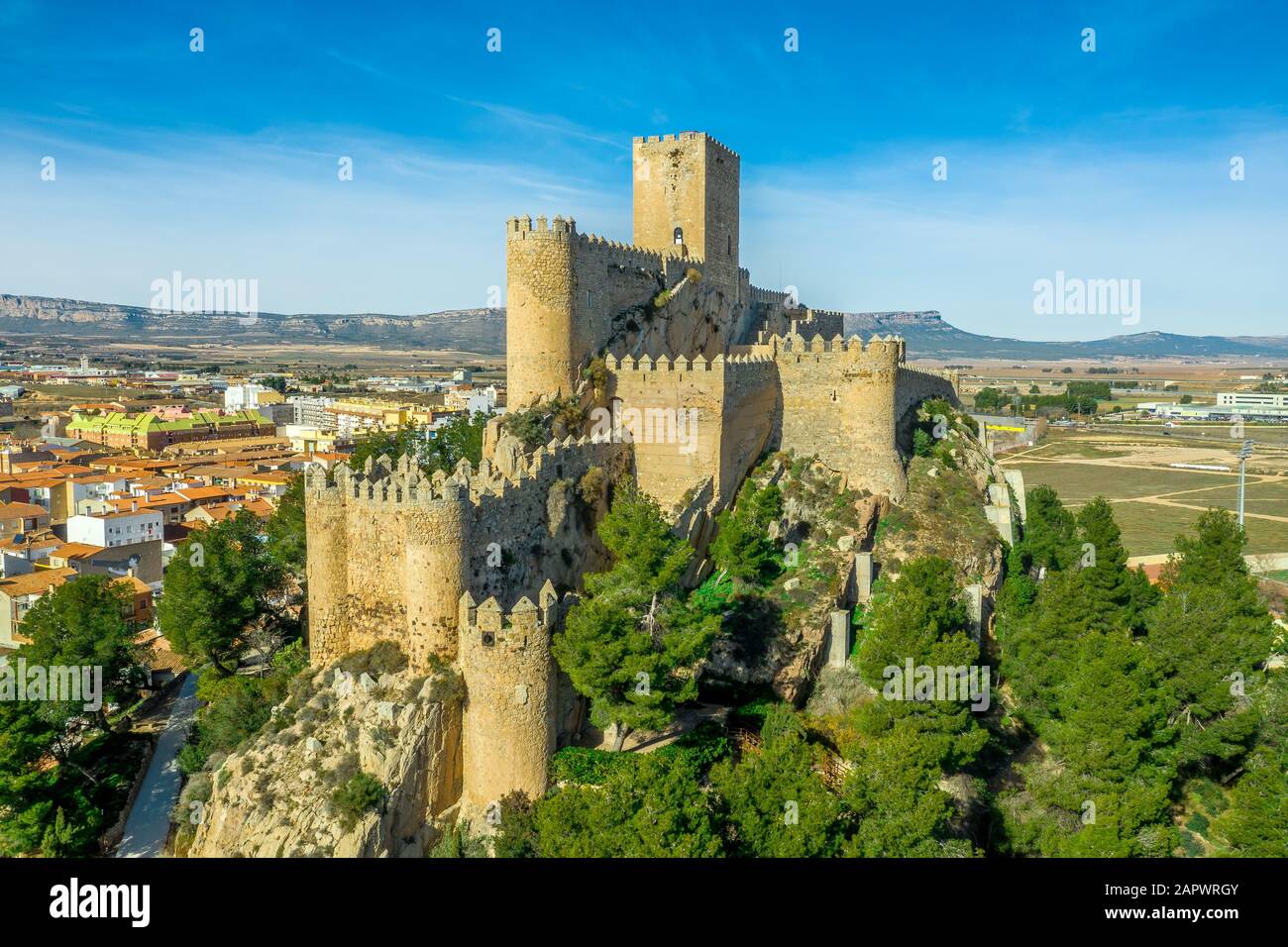 Aerial view of medieval Almansa castle with donjon and courtyard on a ...