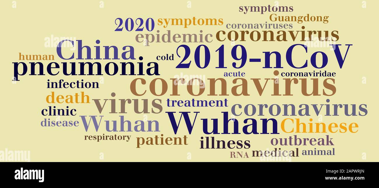 Wuhan coronavirus concept in word tag cloud on yellow background. Word tag cloud about novel coronavirus 2019-nCoV Stock Photo