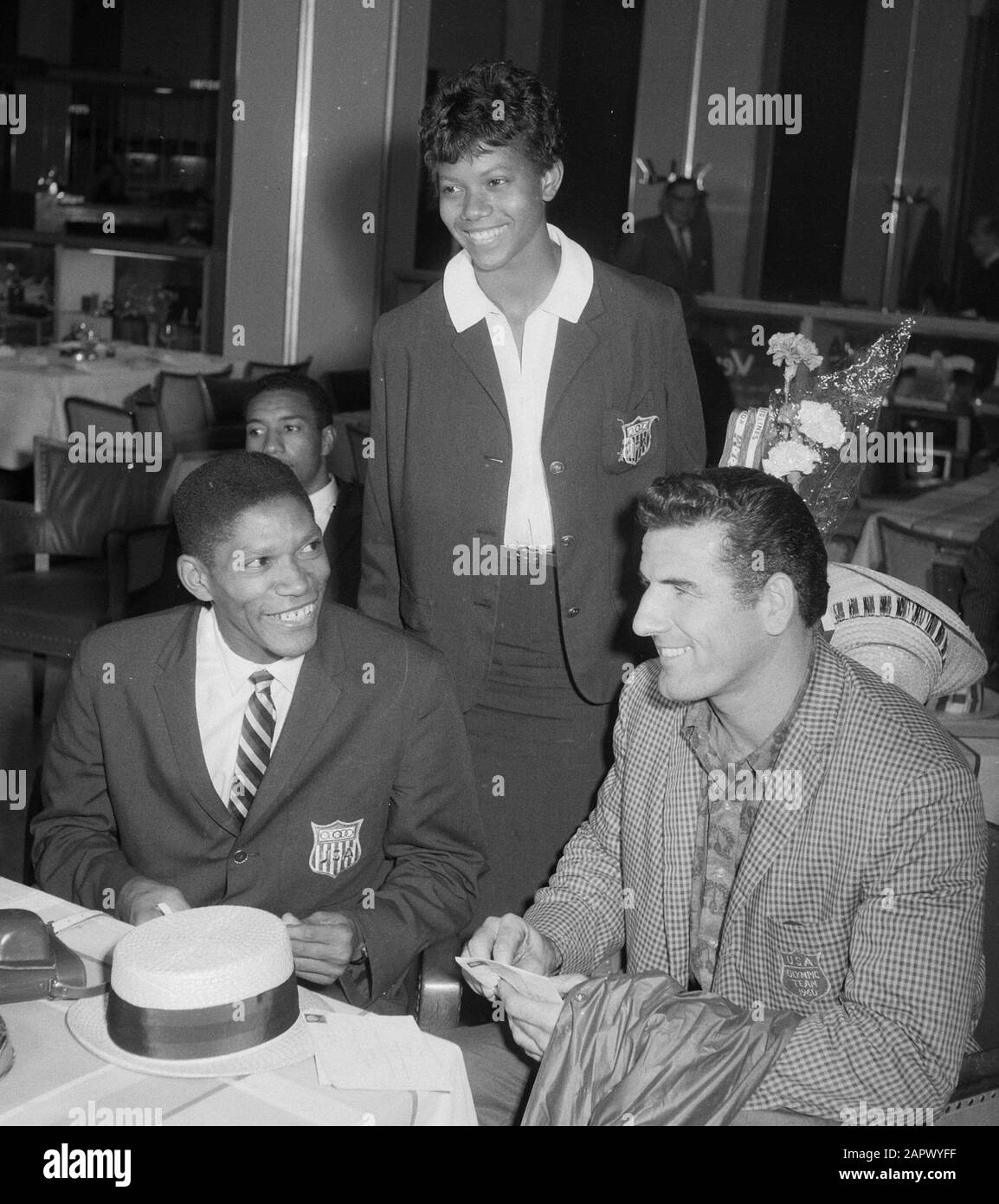Arrival of American Olympic athletes at Schiphol Airport, from l.n.r. Otis Davis, Wilma Rudolph and Don Bragg; Stock Photo