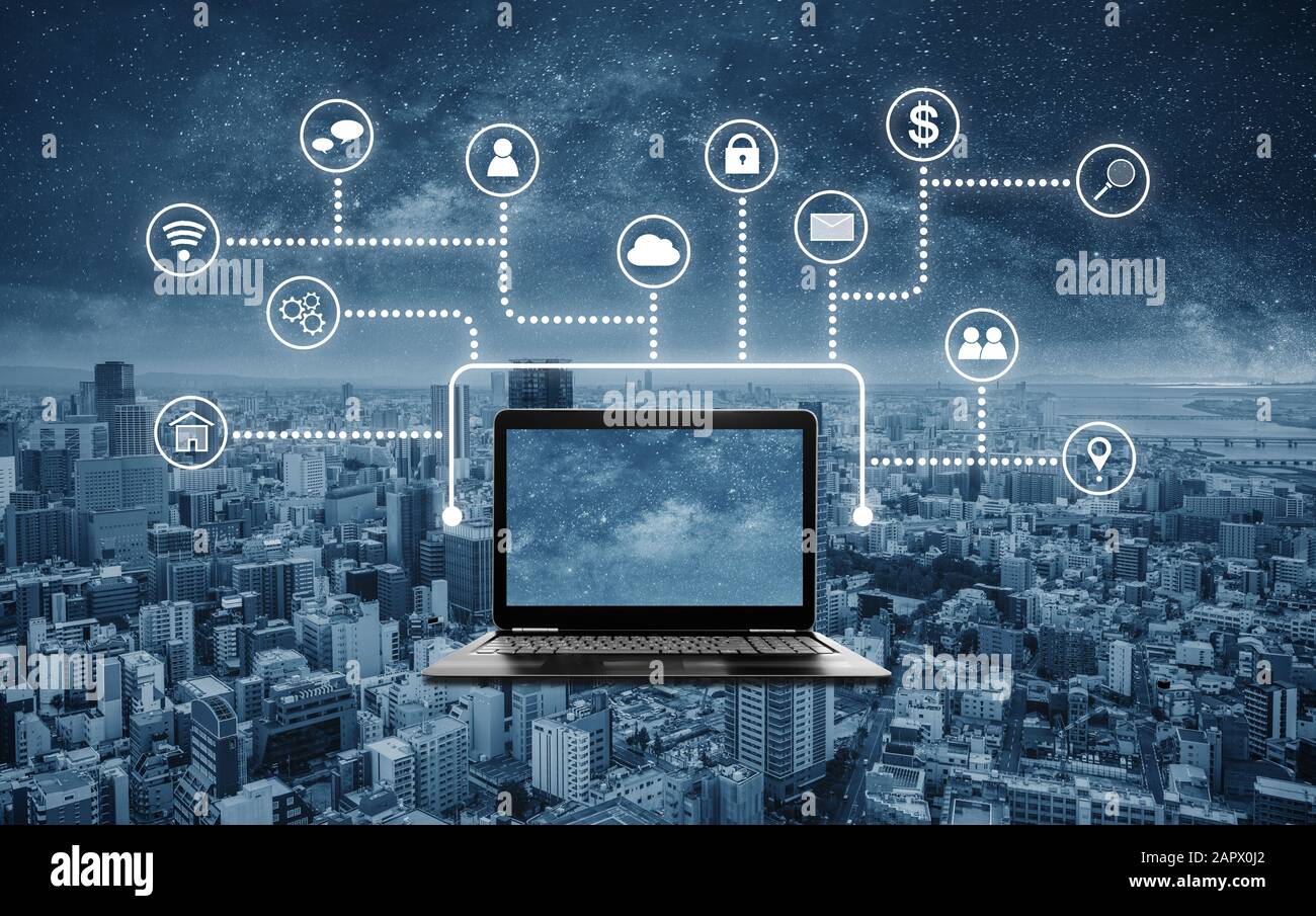 Computer laptop with application programming and social media icons Stock Photo