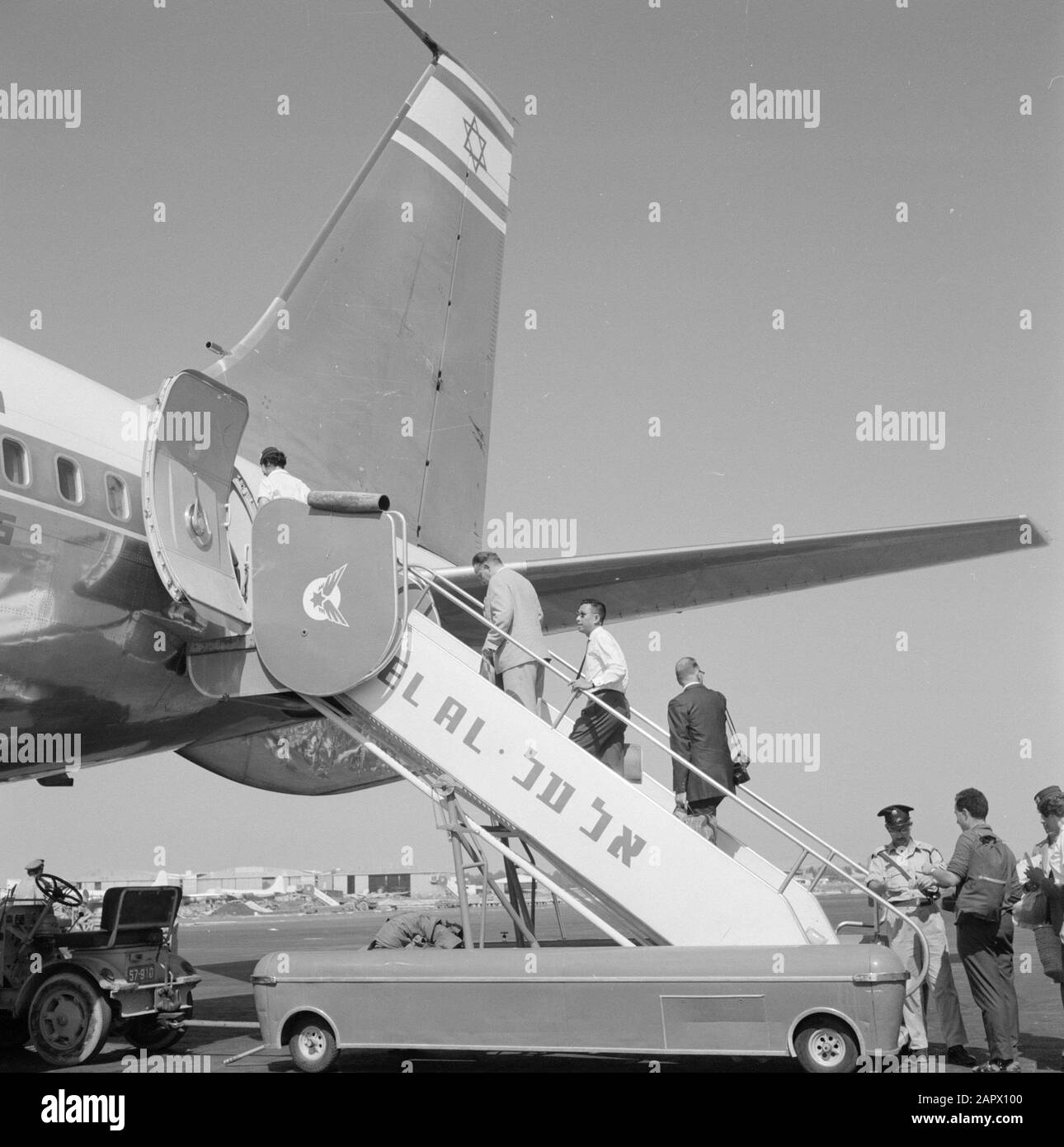 Israel: Lydda Airport (Lod)  Passengers board an airline El Al Airline Date: undated Location: Israel, Lod Airport, Lydda Airport Keywords: arrival and departure, aviation, travelers, stairs, airports Stock Photo