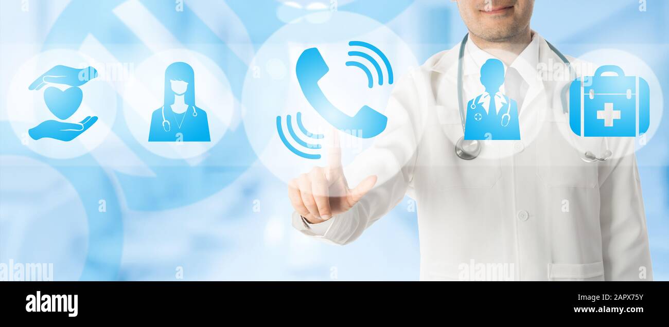 Medical Phone Consultation Concept - Doctor points at phone call icon ...