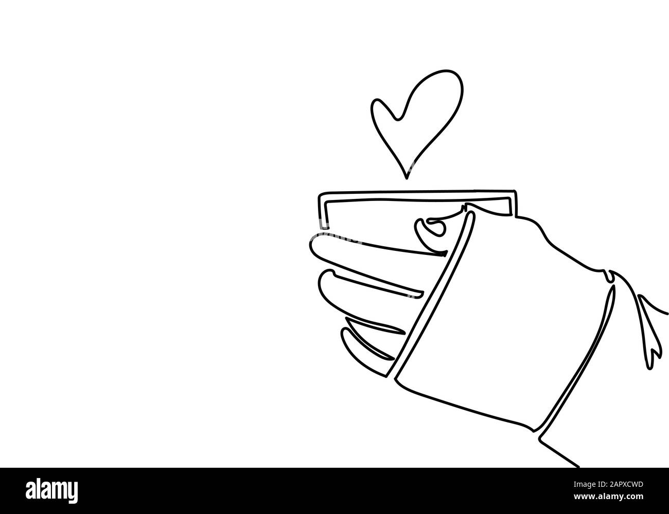 One continuous line drawing of hands holding coffee. Stock Photo
