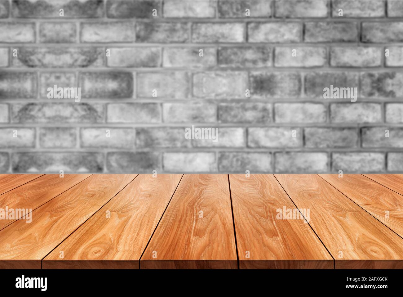 Wood table in front of rustic brick wall blur background with empty copy  space on the table for product display mockup. Retro design montage  presentat Stock Photo - Alamy
