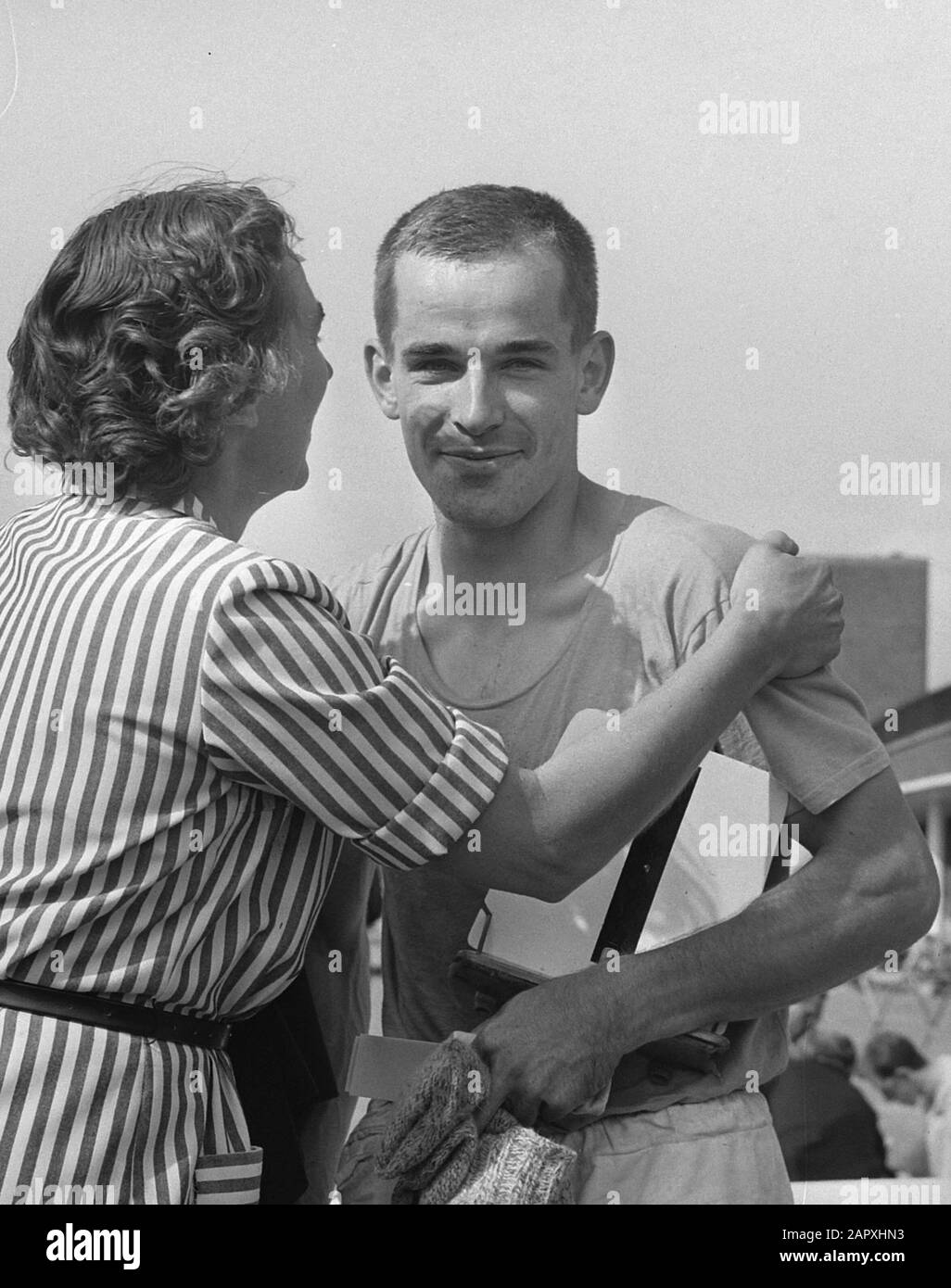 European rowing championships Bosbaan, Blaisse is congratulated by unknown woman; Stock Photo