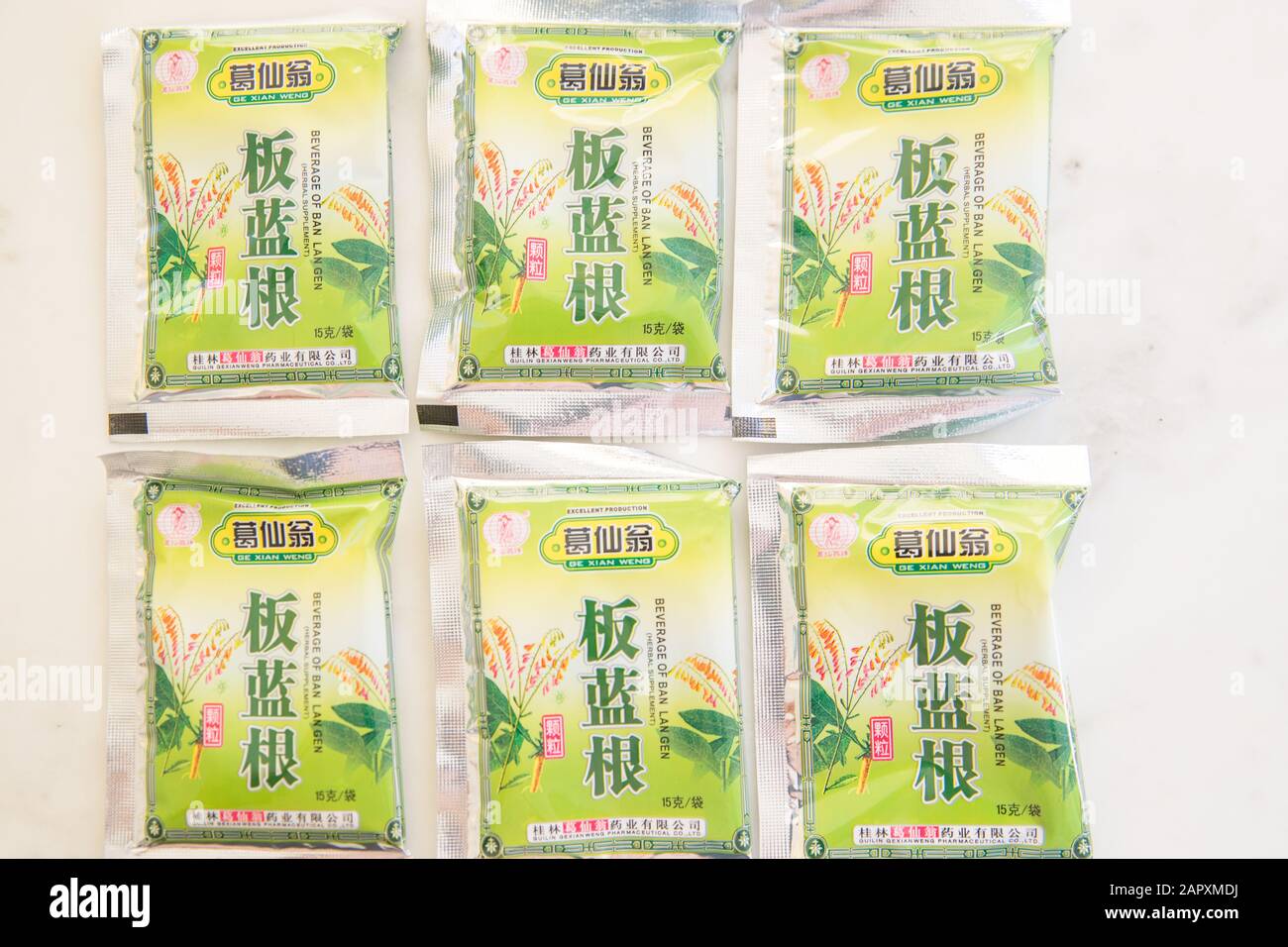 Princeton, Pennsylvania, January 18, 2020:Ge Xian Weng Isatis Root Beverage 6 packets Stock Photo
