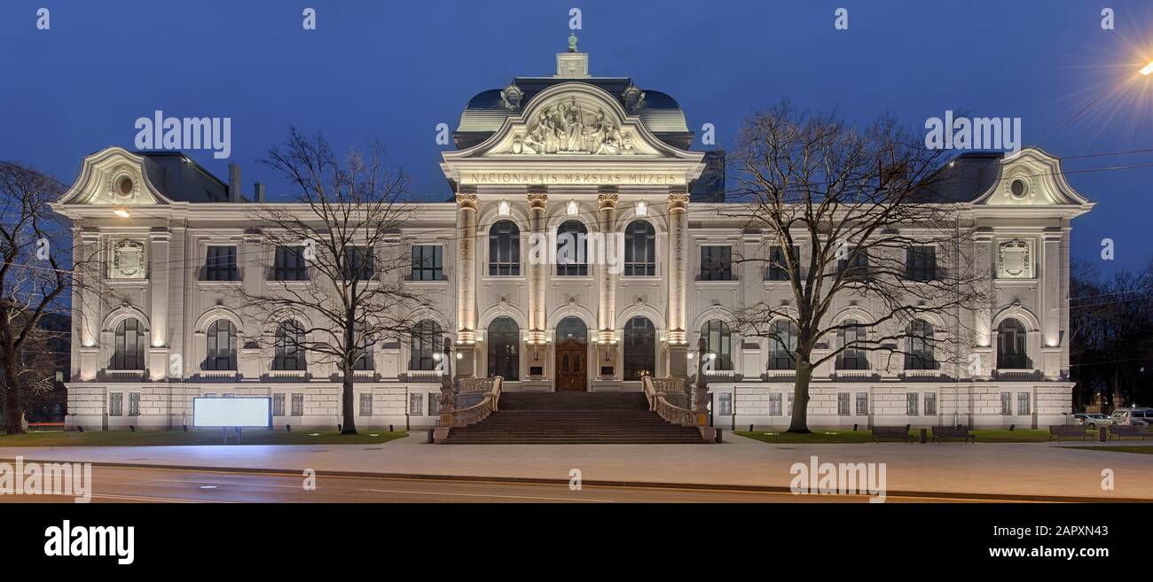 Latvian National Museum of Art by Night, architect Wilhelm Naumann, Riga, Latvia Stock Photo