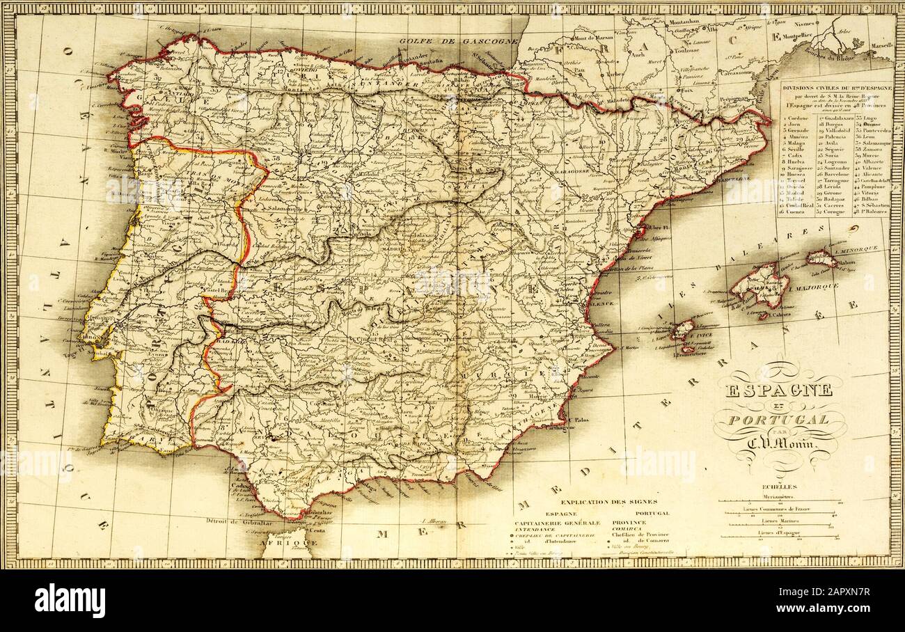 Historical map around 1840, Spain and Portugal Stock Photo