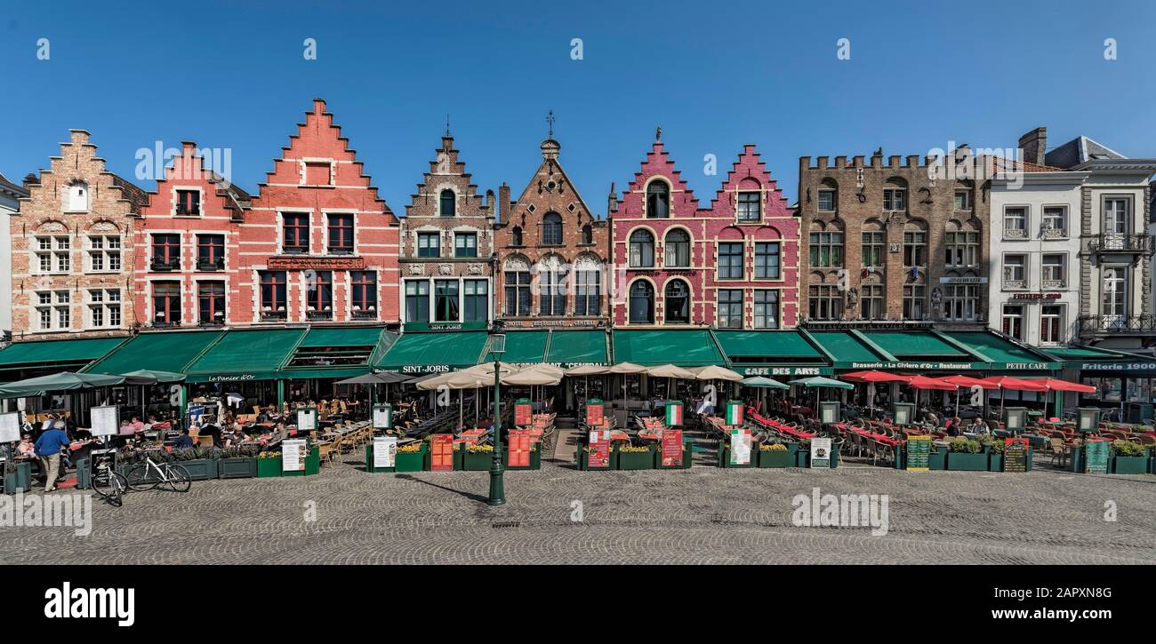Market place with historic houses, Panorama, Bruges, Belgium Stock Photo