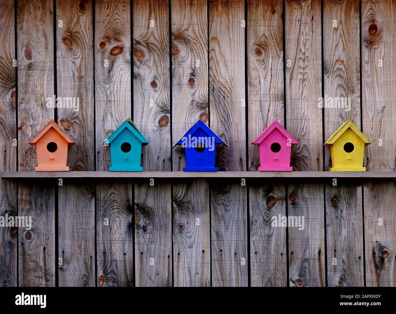 Colorful birdhouses on a barn wall Stock Photo