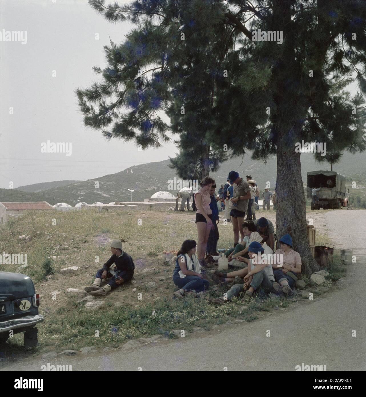 Outing of youth from a kibbutz. A group of young people has settled