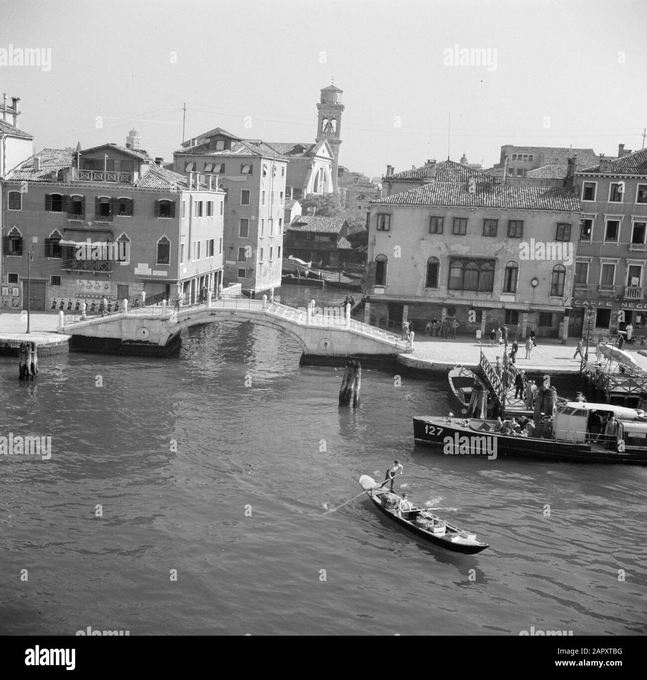 Italy Venice  Venice photographed from the ship Esperia Date: May 1953 Location: Italy, Venice Keywords: boats, bridges, gondolas, canals, cityscapes Stock Photo