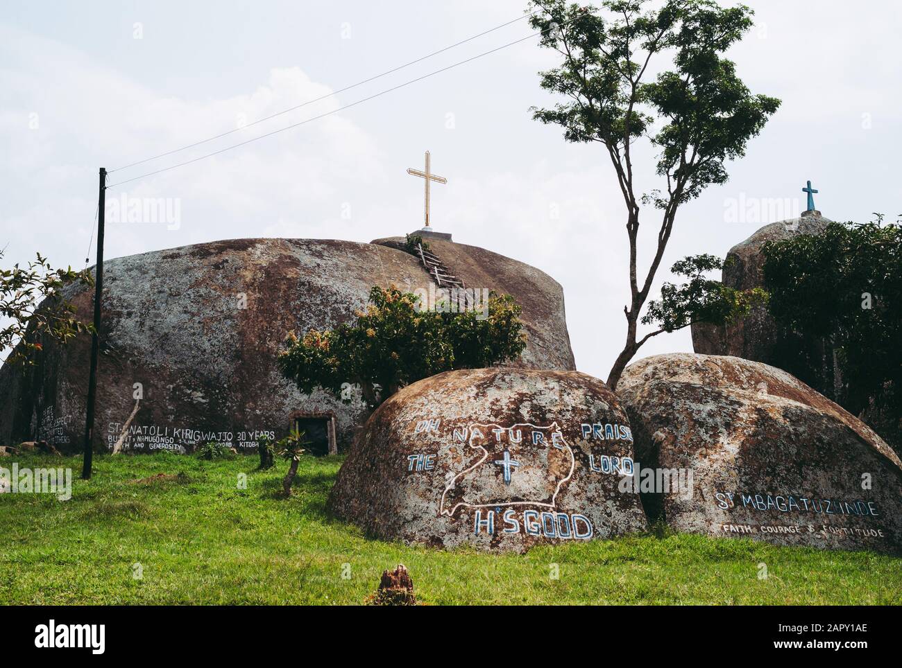 Kyenjojo, Uganda - July 20 2011: Katoosa Martyrs villa in Kyenjojo District. The rocks bear inscriptions of the names of 24 Uganda Martyrs. Stock Photo