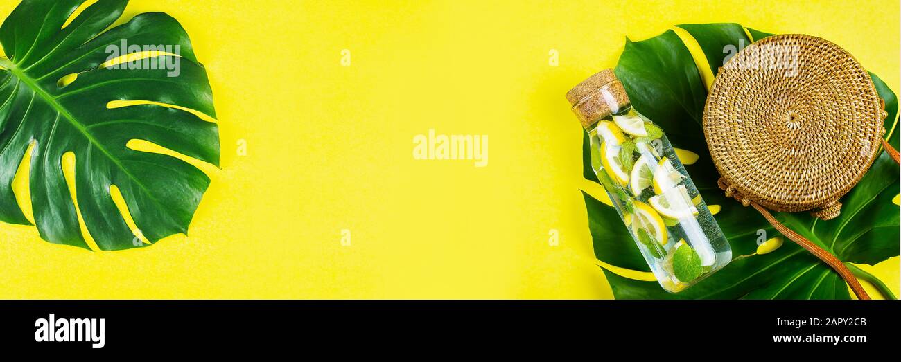 Summer Banner For Website Round Rattan Bag And Glass Bottle With