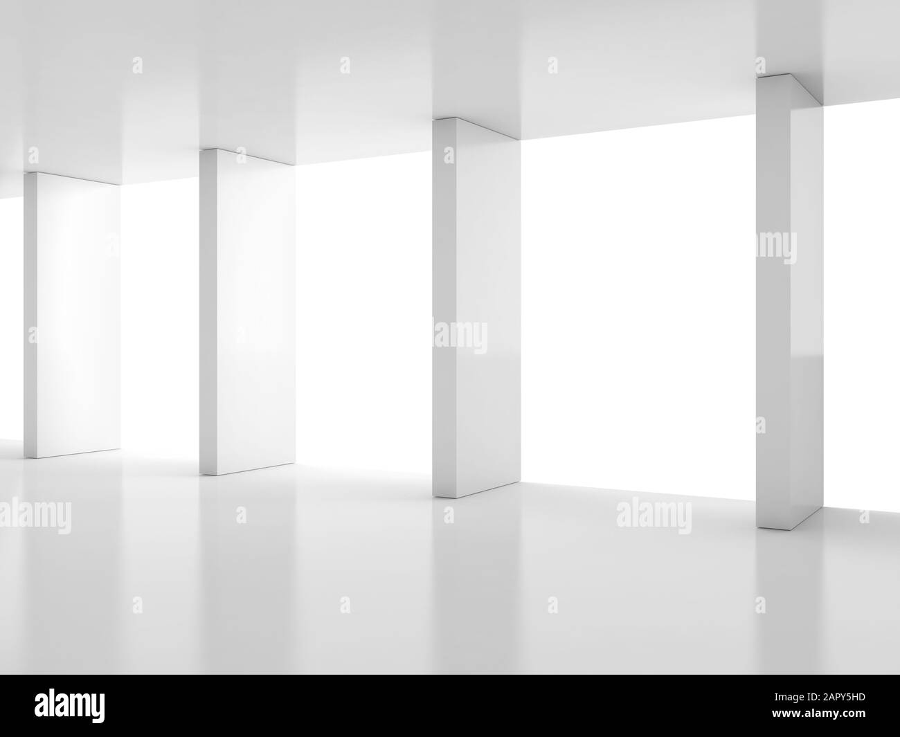 Abstract empty white interior with shiny columns near light window ...