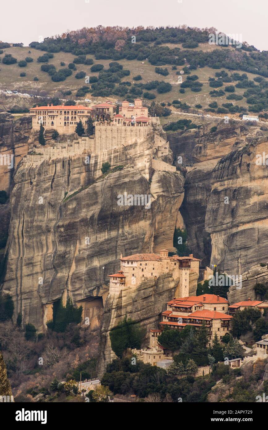 View of the amazing Meteora rocks and the monasteries on top of them.A ...
