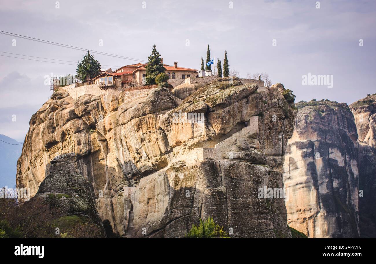 View of the amazing Meteora rocks and the monasteries on top of them.A popular,magical destination. Stock Photo