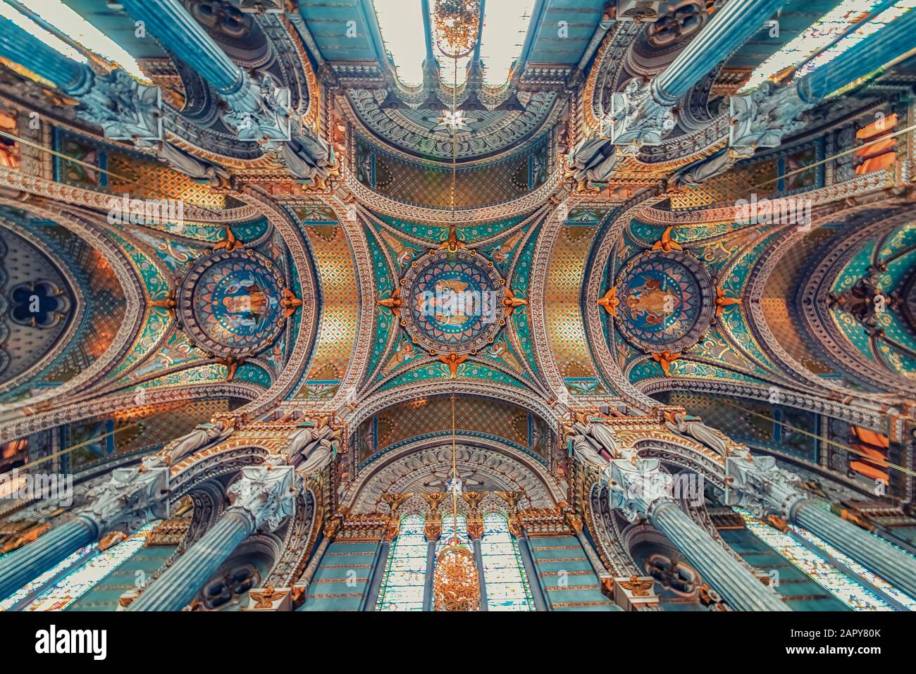 Ceiling of the Basilica of Notre-Dame de Fourviere in Lyon, France Stock Photo