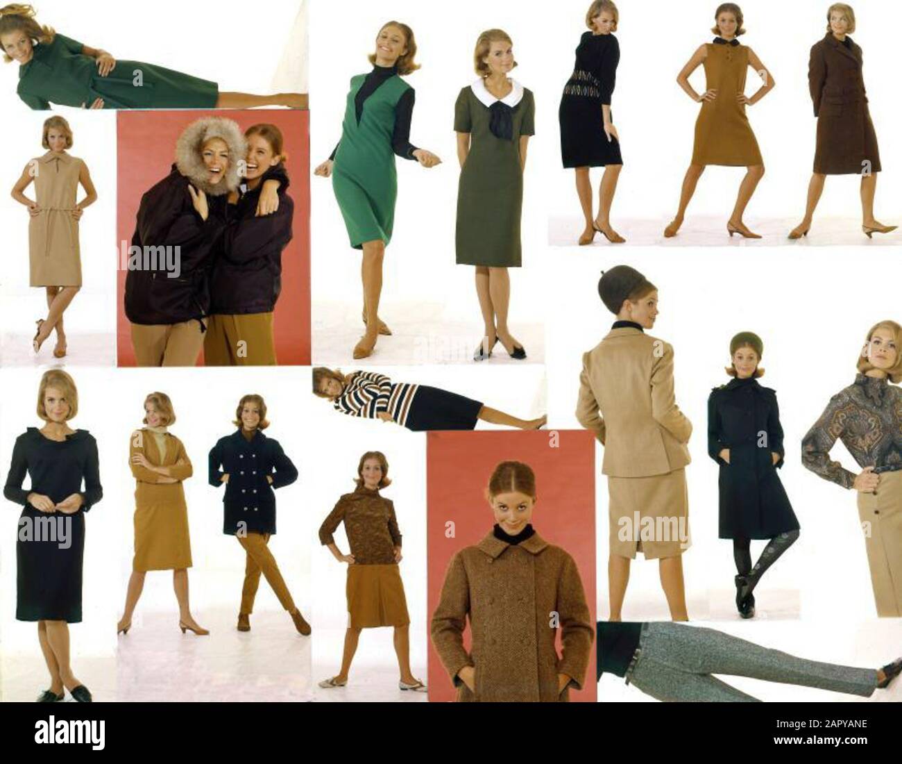 Women's fashion. Autumn fashion 1964 for teens and twens: dresses, dresses, jackets and trousers from the collections of the Bijenkorf, C & A, V & D, Voss and Witteveen. The Netherlands, 1964. Stock Photo